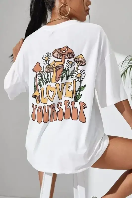 Unisex Baskılı Oversize T-Shirt - Beyaz - BÜYÜKBEDENIZ