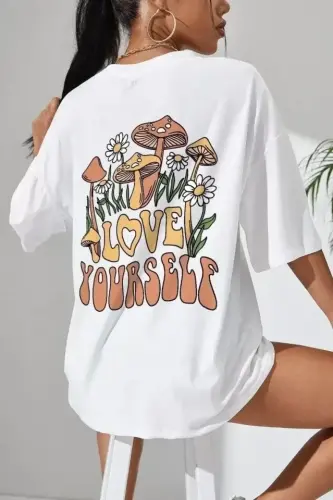 Unisex Baskılı Oversize T-Shirt - Beyaz - 1