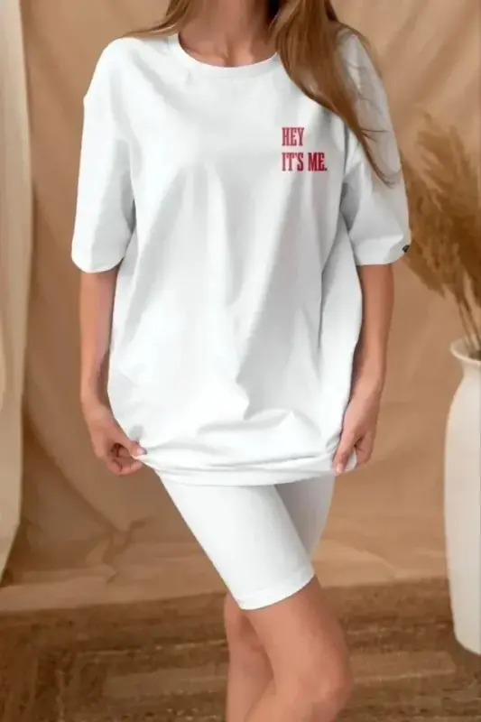 Unisex Baskılı Oversize T-Shirt - Beyaz - BÜYÜKBEDENIZ