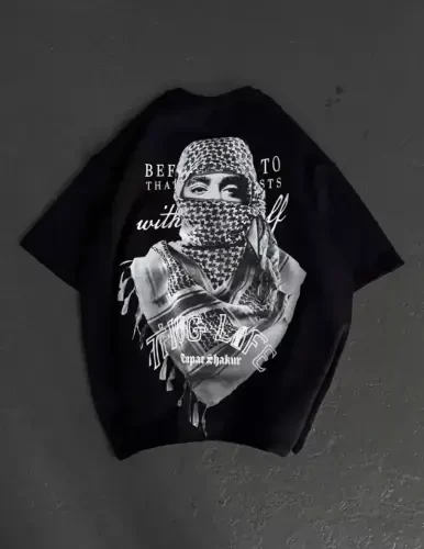 Unisex Baskılı Oversize T-Shirt - Siyah - 3