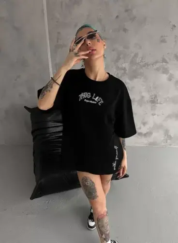 Unisex Baskılı Oversize T-Shirt - Siyah - BÜYÜKBEDENIZ (1)