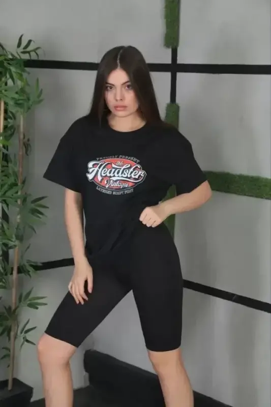 Unisex Baskılı Oversize T-Shirt - Siyah - BÜYÜKBEDENIZ