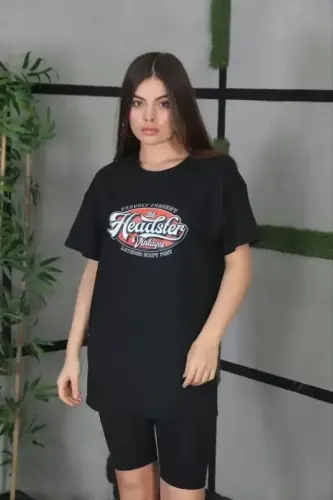 Unisex Baskılı Oversize T-Shirt - Siyah - BÜYÜKBEDENIZ (1)