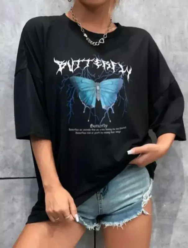 Unisex Baskılı Oversize T-Shirt - Siyah - BÜYÜKBEDENIZ