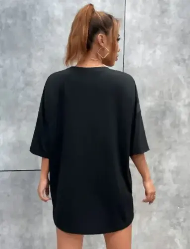 Unisex Baskılı Oversize T-Shirt - Siyah - BÜYÜKBEDENIZ (1)