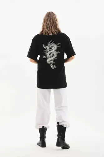 Unisex Baskılı Oversize T-Shirt - Siyah - 3