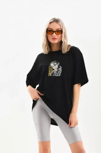 Unisex Baskılı Oversize T-Shirt - Siyah - BÜYÜKBEDENIZ (1)