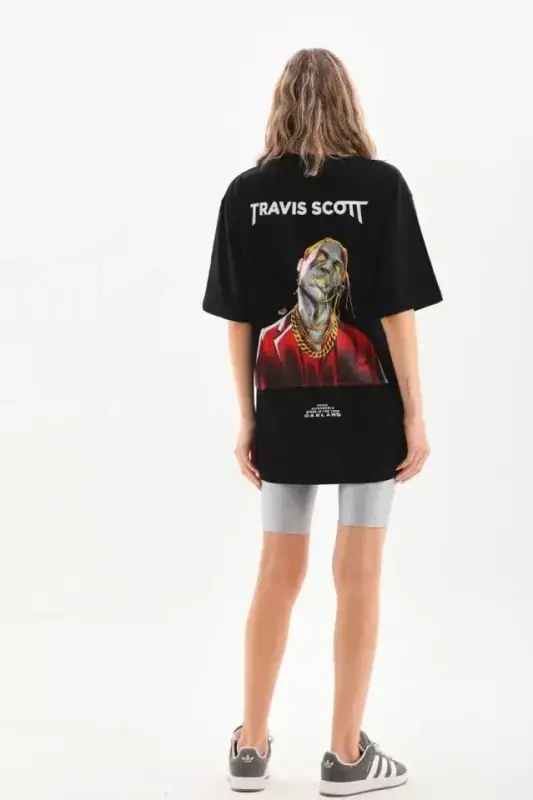 Unisex Baskılı Oversize T-Shirt - Siyah - BÜYÜKBEDENIZ