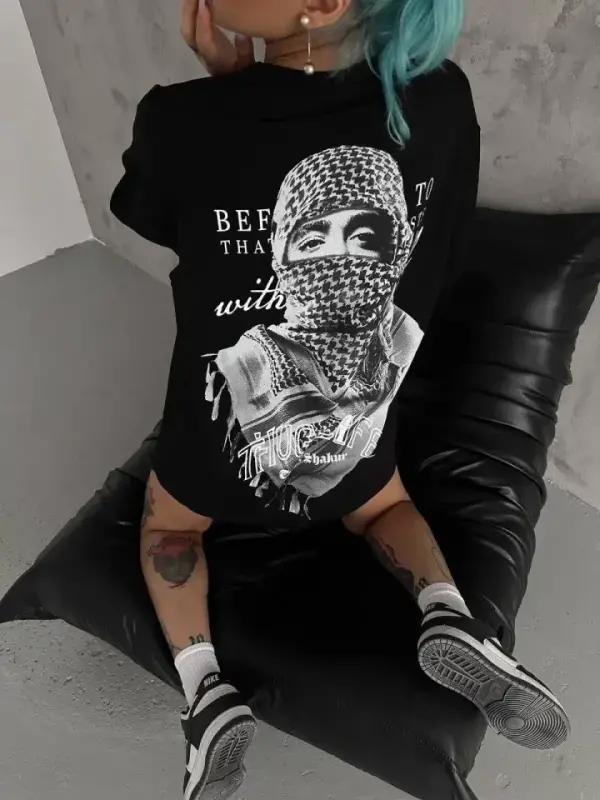Unisex Baskılı Oversize T-Shirt - Siyah - BÜYÜKBEDENIZ
