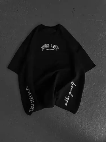 Unisex Baskılı Oversize T-Shirt - Siyah - 4