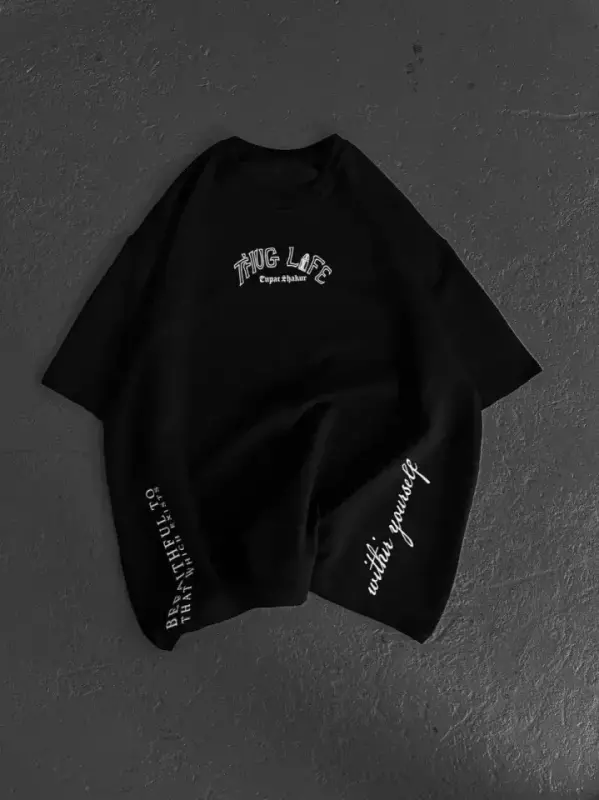 Unisex Baskılı Oversize T-Shirt - Siyah - 4