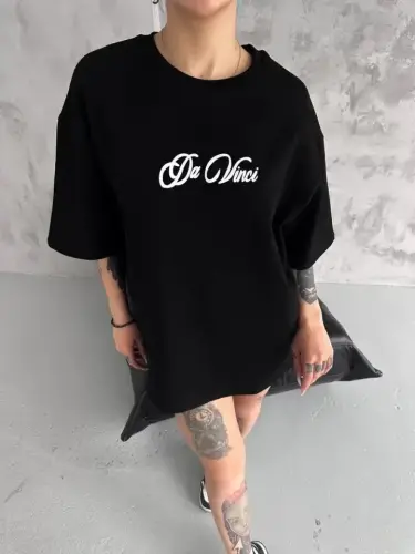 Unisex Baskılı Oversize T-Shirt - Siyah - BÜYÜKBEDENIZ (1)