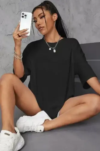 Unisex Baskılı Oversize T-Shirt - Siyah - BÜYÜKBEDENIZ (1)