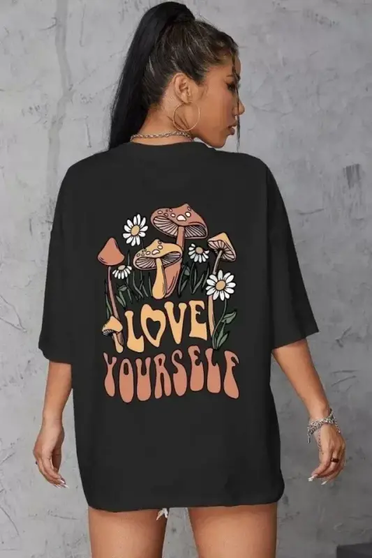Unisex Baskılı Oversize T-Shirt - Siyah - BÜYÜKBEDENIZ