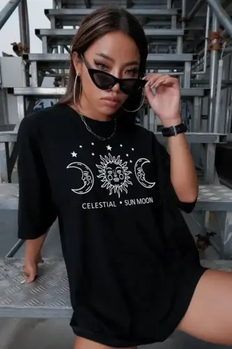 Unisex Baskılı Oversize T-Shirt - Siyah - BÜYÜKBEDENIZ (1)