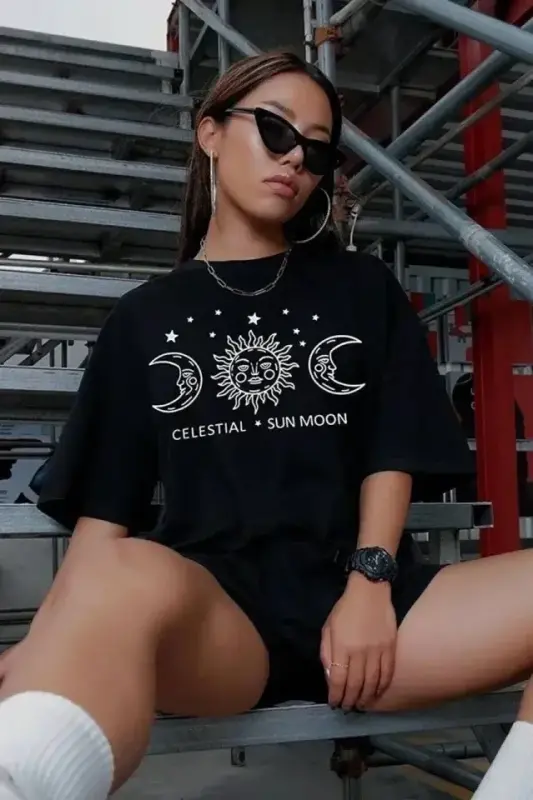 Unisex Baskılı Oversize T-Shirt - Siyah - BÜYÜKBEDENIZ