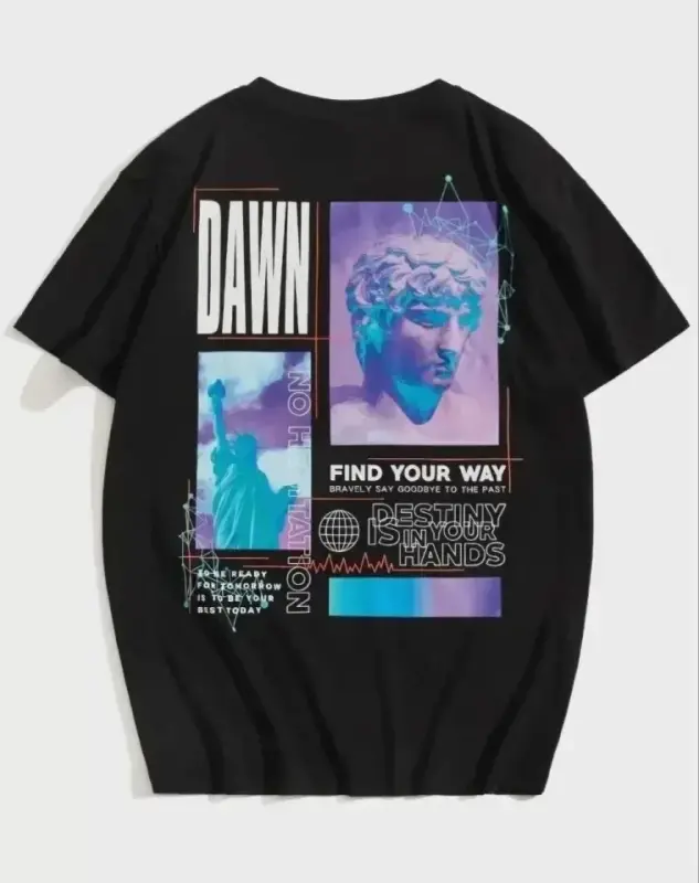 Unisex Baskılı Oversize T-Shirt - Siyah - BÜYÜKBEDENIZ