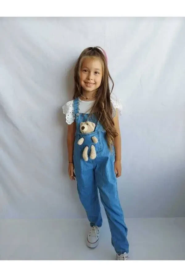 Unisex Bear Print Denim Overalls Adjustable Straps - 2