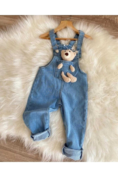 Unisex Bear Print Denim Overalls Adjustable Straps - 1