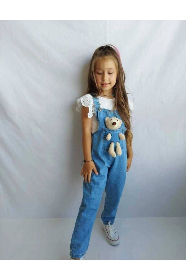 Unisex Bear Print Denim Overalls Adjustable Straps - 3