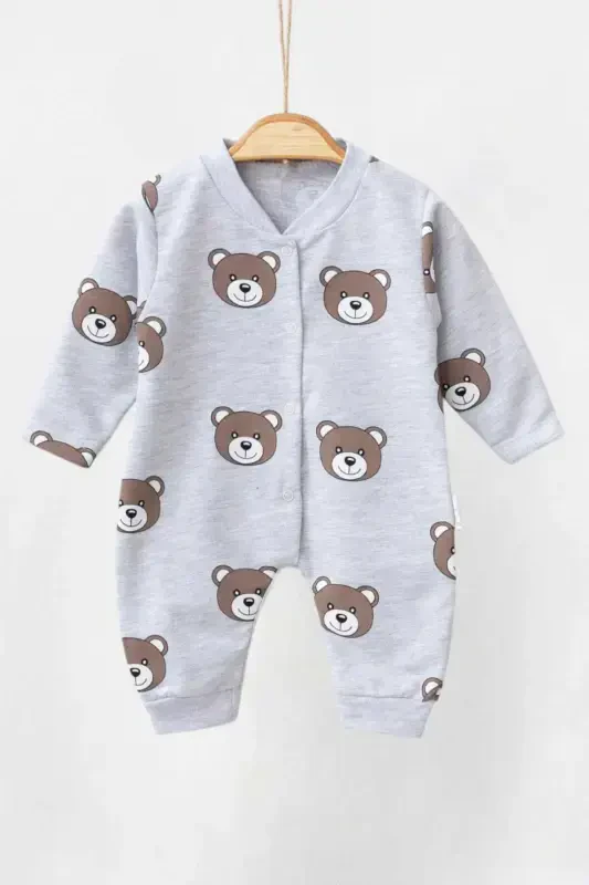 Unisex Bear Printed Snap Fastener Newborn Baby Jumpsuit 100% Cotton Flexible 1-3-6 Months-GRAY - 1