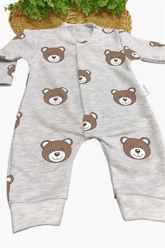 Unisex Bear Printed Snap Fastener Newborn Baby Jumpsuit 100% Cotton Flexible 1-3-6 Months-GRAY - 3