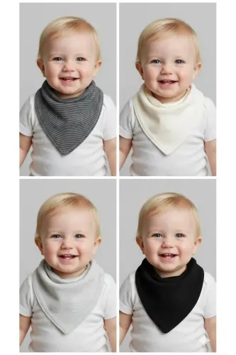 Unisex Bebek %100 Pamuk Siyah Beyaz Tonlar Çift Katlı Fular Mama Önlüğü - Salya Önlüğü 10 Adet - 4