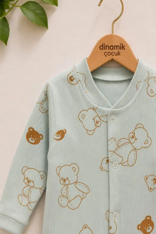 Unısex Bebek Ayıcık Baskılı Fitilli Kumaş Çıtçıtlı Yenidoğan Bebek Tulumu %100 Pamuk Esnek 1-3-6Ay-YEŞİL AYICIK - 2