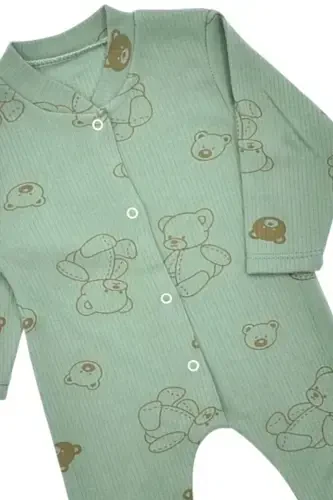 Unısex Bebek Ayıcık Baskılı Fitilli Kumaş Çıtçıtlı Yenidoğan Bebek Tulumu %100 Pamuk Esnek 1-3-6Ay-YEŞİL AYICIK - 4