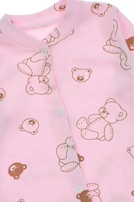 Unısex Bebek Ayıcık Baskılı Fitilli Kumaş Çıtçıtlı Yenidoğan Bebek Tulumu %100 Pamuk Esnek - PEMBE AYICIK - 5