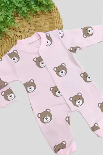 Unısex Bebek Ayıcıklı Baskılı Çıtçıtlı Yenidoğan Bebek Tulumu %100 Pamuk Esnek 1-3-6 Aylık-PEMBEAYI - 4