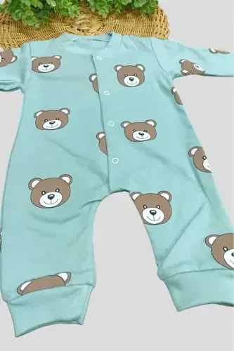 Unısex Bebek Ayıcıklı Baskılı Çıtçıtlı Yenidoğan Bebek Tulumu %100 Pamuk Esnek 1-3-6 Aylık-SUYEŞİLİAYI - DINAMIK ÇOCUK (1)