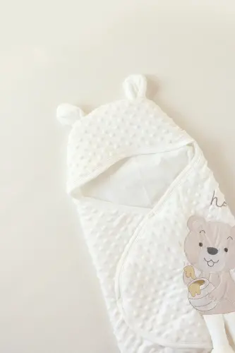 Unisex Bebek Beyaz Sevimli Topitos Nakışlı Velboa Kundak Krem-Beyaz - 3