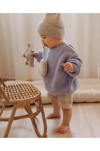 Unisex Bebek, Çocuk Bisiklet Yaka Oversize Triko Kazak 6 Ay-5 Yaş - Lila 