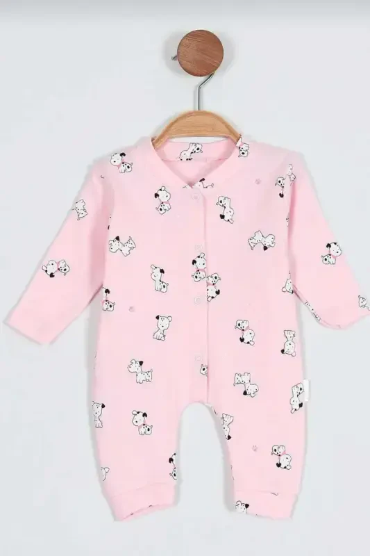 Unısex Bebek Köpek Baskılı Çıtçıtlı Yenidoğan Bebek Tulumu %100 Pamuk Esnek 1-3-6 Aylık-PEMBE KÖPEKLİ - 1