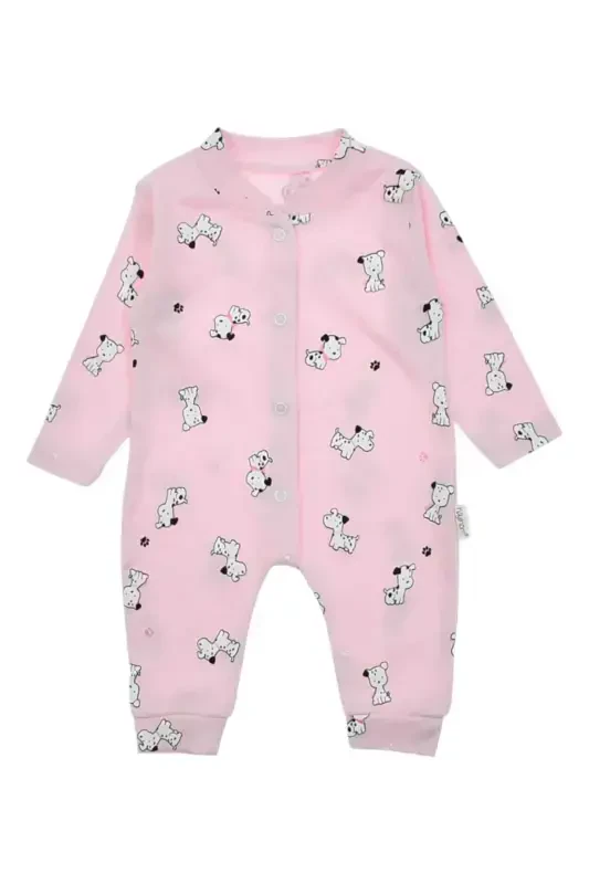 Unısex Bebek Köpek Baskılı Çıtçıtlı Yenidoğan Bebek Tulumu %100 Pamuk Esnek 1-3-6 Aylık-PEMBE KÖPEKLİ - 4