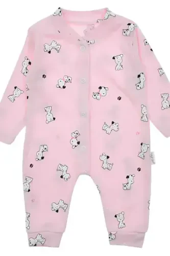 Unısex Bebek Köpek Baskılı Çıtçıtlı Yenidoğan Bebek Tulumu %100 Pamuk Esnek 1-3-6 Aylık-PEMBE KÖPEKLİ - 5