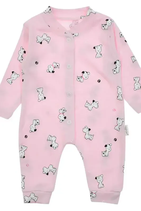 Unısex Bebek Köpek Baskılı Çıtçıtlı Yenidoğan Bebek Tulumu %100 Pamuk Esnek 1-3-6 Aylık-PEMBE KÖPEKLİ - 5