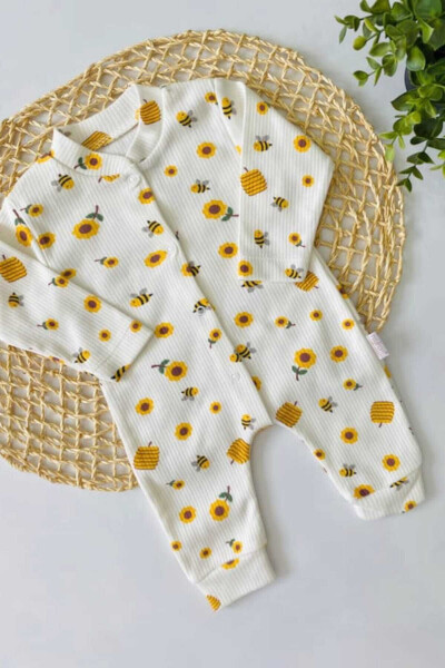 Unisex Bebek Safari ve Arı Baskılı Çıtçıtlı Yenidoğan Bebek Tulumu %100 Pamuk Esnek 1-3-6 Aylık - 2