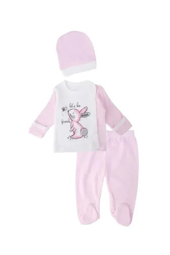 Unisex Bebek Tavşan Baskılı Çıtçıtlı Şapkalı Body Zıbın Badi Set - PEMBE - 1