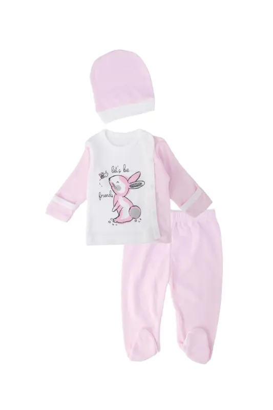 Unisex Bebek Tavşan Baskılı Çıtçıtlı Şapkalı Body Zıbın Badi Set - PEMBE - 1