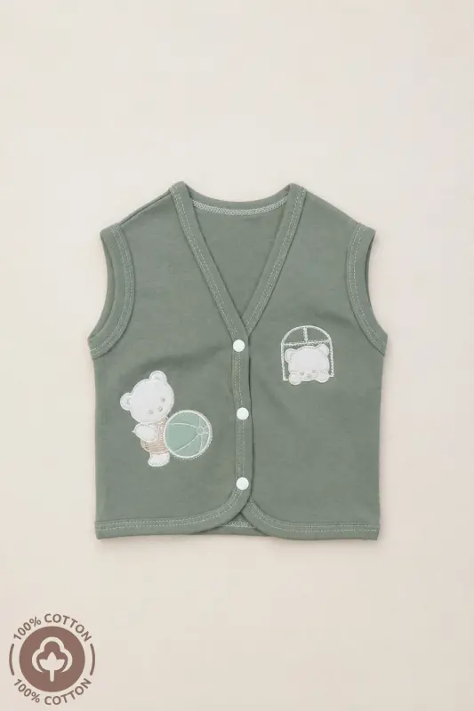 Unisex Bebek Toplu Ayıcık Nakışlı Organik Pamuklu 3-6-9 Ay 3Lü Penye Bebek Yelek Set - Çok Renkli - 3