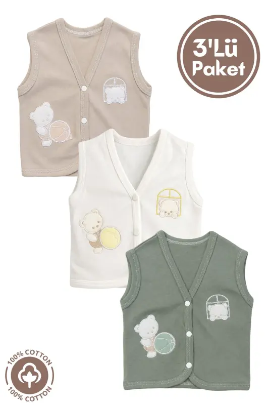 Unisex Bebek Toplu Ayıcık Nakışlı Organik Pamuklu 3-6-9 Ay 3Lü Penye Bebek Yelek Set - Çok Renkli - MINIEL
