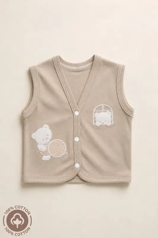 Unisex Bebek Toplu Ayıcık Nakışlı Organik Pamuklu 3-6-9 Ay 3Lü Penye Bebek Yelek Set - Çok Renkli - 2