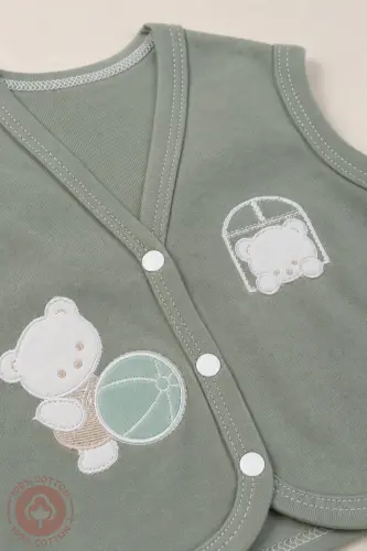 Unisex Bebek Toplu Ayıcık Nakışlı Organik Pamuklu 3-6-9 Ay 3Lü Penye Bebek Yelek Set - Çok Renkli - 5