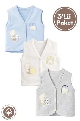Unisex Bebek Toplu Ayıcık Nakışlı Organik Pamuklu 3-6-9 Ay 3Lü Penye Bebek Yelek Set - Mavi 