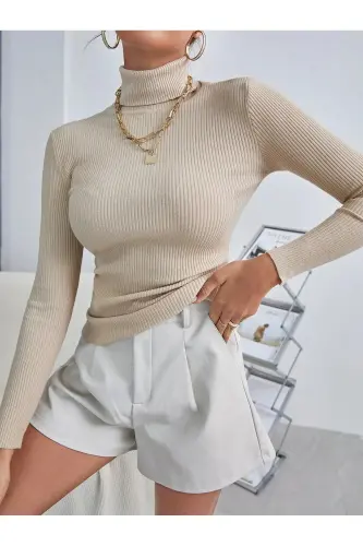 Unisex Beige Mink Cotton Turtleneck Sweatshirt Slimfit Sweater-Beige - GENEL MARKALAR (1)