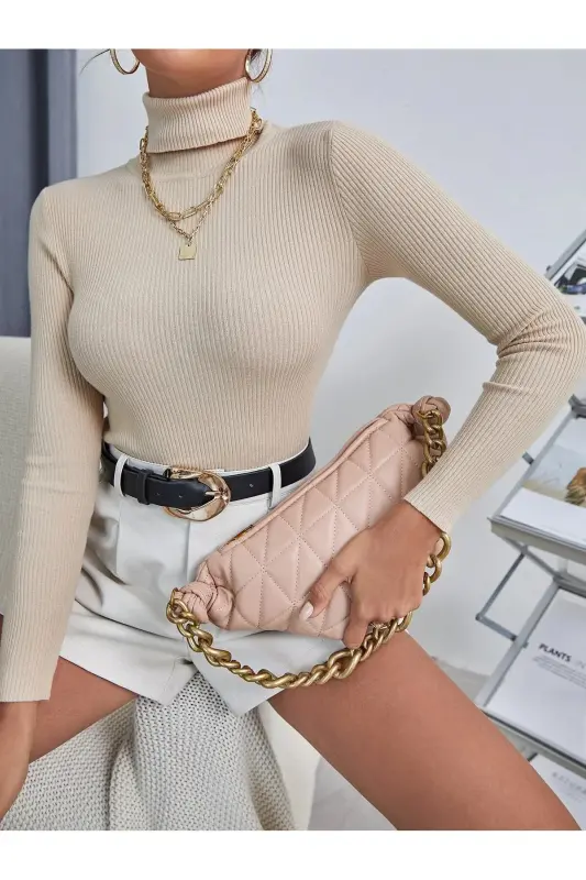 Unisex Beige Mink Cotton Turtleneck Sweatshirt Slimfit Sweater-Beige - 4