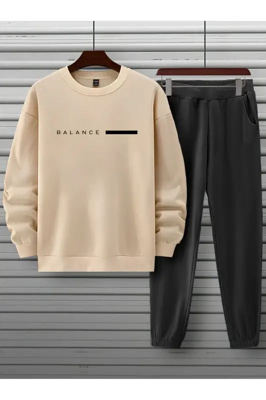 Unisex Bej Siyah Eşofman Takımı BALANCE baskılı Şardonlu - Bej Siyah - SEUSCRAFT