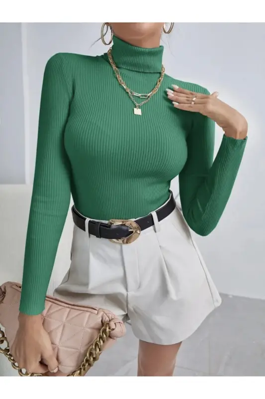 Unisex Benetton Cotton Turtleneck Ribbed Brushed Slimfit Turtleneck Sweater - Benetton Green - 1